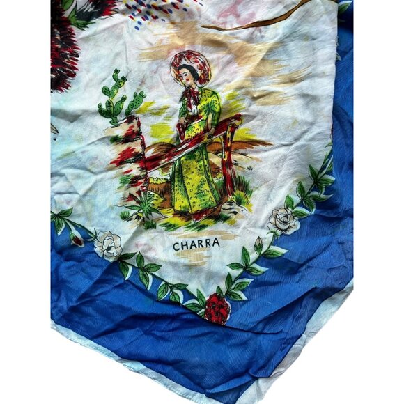 Mexico Souvenir Vintage Scarf Folk Art Illustrations Floral Details - Picture 9 of 10